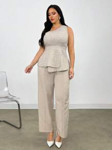 Firerie Plus Size Women's Comfortable Casual Elegant Vacation/Work Commute Asymmetric Hem Sleeveless Shirt, Spring & Summer - Khaki - View 5