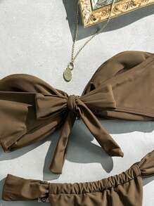 SHEIN Swim Springbreak 女士纯色抹胸贝壳装饰丁字裤比基尼套装，适合海滩度假 - 棕色 - 查看 5