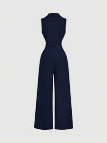 SHEIN MOD 复古海军蓝连体裤，配西装领和腰带，优雅连体裤，外出连体裤，西部连体裤，假日服装