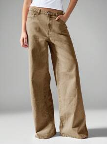 MISSGUIDED 高腰阔腿牛仔裤经典复古风格牛仔裤舒适宽松秋冬休闲装 - 棕色 - 查看 6