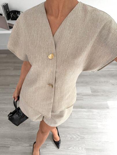 Siren Gaze 2pcs Women's Asymmetric Shirt And Shorts Set, Elegant Office Lady Suit Summer Outfit, Premium Camisole & Shorts Suit Two Pieces Set Women Short Sleeve Linen Two Pieces Set Women Short Sets