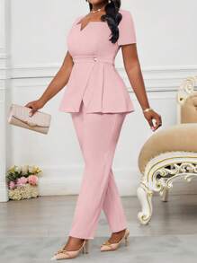 SHEIN Lady Pink V-Neck Short-Sleeved Waist Button Asymmetrical Hem Top Suit Pants Plus Size Two Pieces Suit Plus Size Elegant Business Office Suit Wedding Guest Dress Women Summer Outfits For Women Summer Dresses For Women Vacation Outfits Woman Beach Outfits For Woman Wedding Guest Dress Women Birthday Dresses For Women Cheetah Print Business Casual Woman Birthday Outfits For Women 4th Of July Women In Fall/Winter