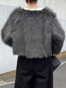 FRIFUL 女士人造毛皮开襟大衣，时尚秋冬夹克人造毛皮大衣 - 卡其色 - 查看 5