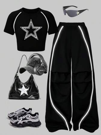 SHEIN Streecool Kids HYPEME Kids Tween Girls Summer Street Style Star Pattern Fitted T-Shirt And Striped Decorative Wide Leg Pants 2 Pieces Set, Suitable For Everyday Wear Street Wear