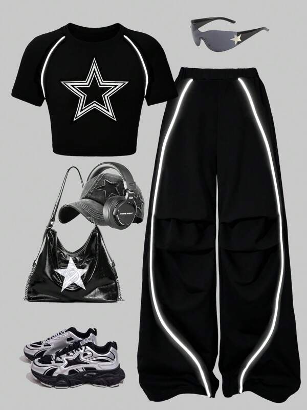SHEIN Streecool Kids Conjunto de 2 piezas para niñas preadolescentes: Camiseta ajustada con estampado de estrellas de estilo callejero de verano y pantalones anchos decorativos a rayas, adecuado para uso diario