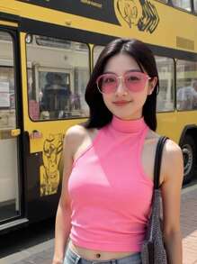 Women's Casual Solid Color Stand Collar Tie Back Cropped Tank Top, Summer - Pink - View 3
