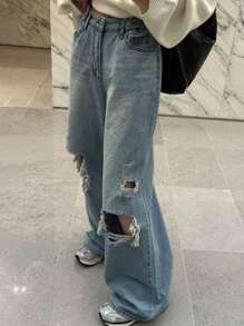 DAZY 女式轻盈水洗宽松做旧直筒牛仔裤，街头风格，四季皆宜 - 淺色水洗藍 - 查看 7