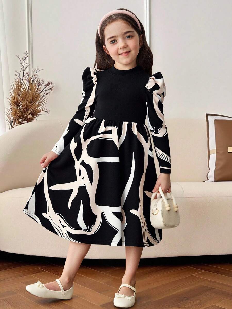 SHEIN Young Girl Elegant Collared Patchwork Geometric Pattern Long Sleeve Midi Dress - Black - View 1