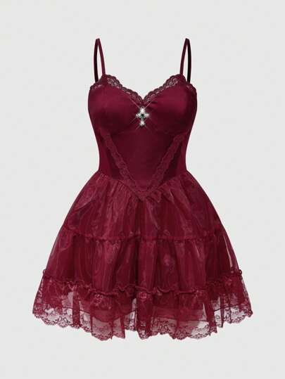 Glamorous Romantic Vintage Gothic Satin Contrast Lace A-Line Mini Dress