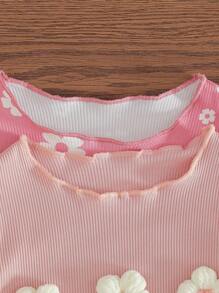 SHEIN 2件套女婴可爱3D花朵装饰连体衣和短袖连体衣套装，夏季女婴高品质服装，新生儿女婴夏季服装