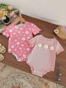 SHEIN 2件套女婴可爱3D花朵装饰连体衣和短袖连体衣套装，夏季女婴高品质服装，新生儿女婴夏季服装