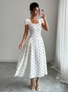 Elenzga Đầm Maxi Tay Ngắn Xếp Ly Cổ Vuông In Chấm Bi Thanh Lịch Cho Nữ - Nhiều màu - Xem 8