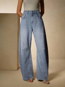 Anewsta Women's Casual Long Denim Jeans With Rhinestone Detail And Wide Leg Fit - Blue - View 7