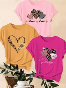 SHEIN LUNE 3 Pcs Plus Size Leopard, Heart & Slogan Print Casual T-Shirt Set, Summer - Multicolor - View 1