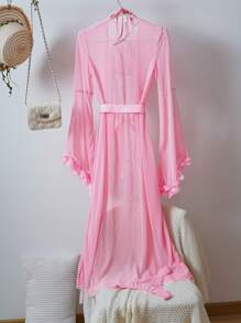 SHEIN 4pcs Set: Sexy Sheer Pullover Top And Thong Panties And Wide Sleeve Robe And Belt, Rave - Pink - View 8