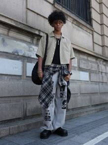 PAVTROS 男士短袖宽松廓形剪裁边缘编织格纹印花纽扣衬衫 Y2k 夹克 男士短款男士衬衫 男士短款衬衫 男士短款纽扣街头服饰 男士衬衫，街头服饰 - 彩色 - 查看 5