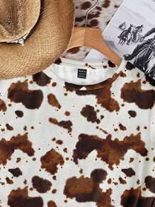 SHEIN EZwear Casual Minimalist Cow Print Bohemian Cowboy Style Round Neck Loose Short Sleeve T-Shirt For Women Summer Outfits For Women - Multicolor - View 3