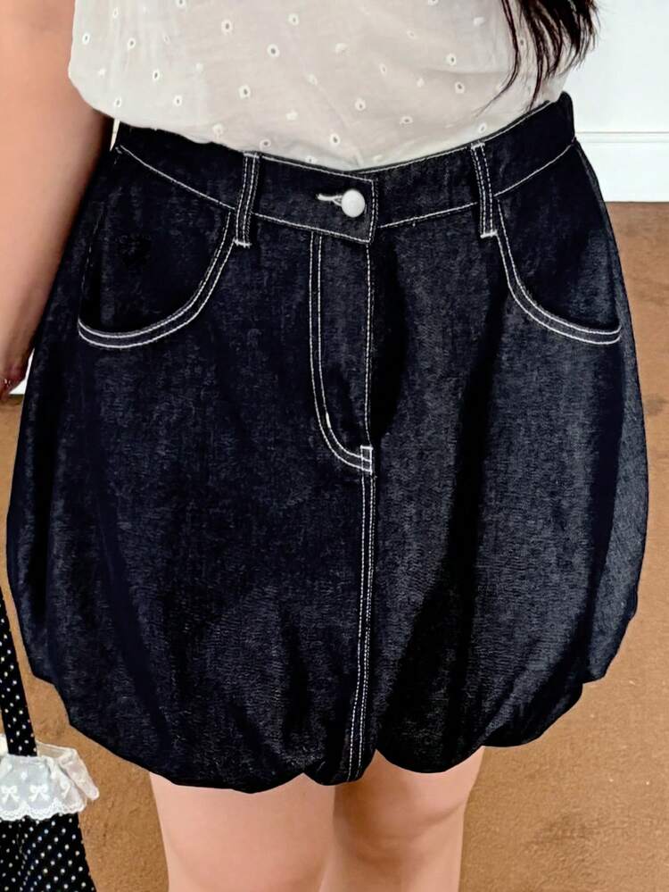 Dazy Plus Plus Size Women Dark Wash Denim Color-Blocked Flanged Mini Skirt, Summer Jeans Skirt