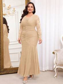 Modelyn Plus Size Women V-Neck Contrast Lace Ruched Fishtail Hem Elegant Dress Long Evening Dresses