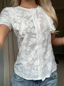SHEIN EZwear Damen Unifarben transparente Bluse mit Knopfleiste, Rüschensaum und eleganten Kurzärmeln - Weiss - Übersicht 5