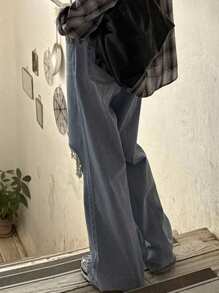 DAZY 女式轻盈水洗宽松做旧直筒牛仔裤，街头风格，四季皆宜 - 淺色水洗藍 - 查看 2