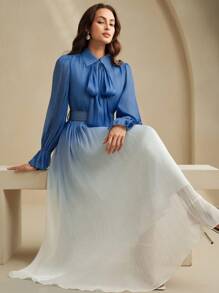 Anewsta 优雅圆领系带袖收腰渐变色雪纺印花女式连衣裙