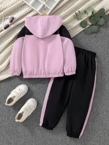女童拼色拉链连帽夹克和裤子运动服套装 - 彩色 - 查看 3