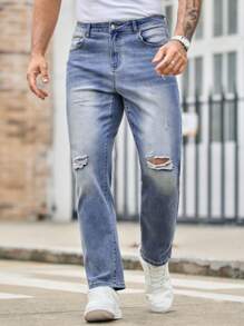 Manfinity VCAY 男士休闲破洞弹力锥形牛仔裤 - 藍色 - 查看 3