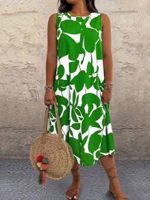 SHEIN Clasi Plus Size Sleeveless Dress, Fashionable For Summer - Green - View 1