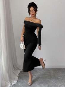 Rafferiza Đầm dài thanh lịch màu đen trễ vai thắt nút đơn giản - màu đen - Xem 5