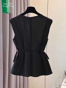 Franclia Women's Elegant Commuting Sleeveless Contrast Color Pleated Shirt - Black and White - View 2