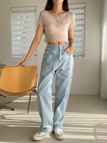 DAZY 生菜边透明网眼上衣（不含吊带背心）上衣、短款上衣、女式学院风上衣 - 杏色 - 查看 8