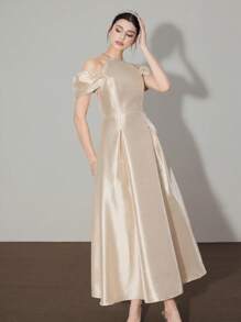 Modelyn Cổ tròn, tay trễ vai, trang trí đá giả, eo chữ A, váy dài dự tiệc thanh lịch - Màu be - Xem 5