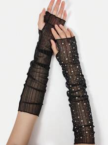 SHEIN ICON 女士仿珍珠网眼袖套，时尚日常穿着 - 黑色 - 查看 8