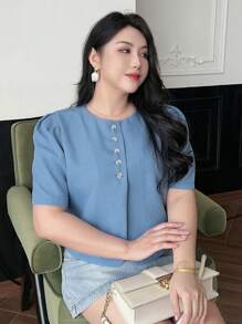 Dazy Plus Plus Size Solid Color Round Neck Short Buttoned Decorative Short Sleeve Shirt, Back To School Clothes - Blue - View 10