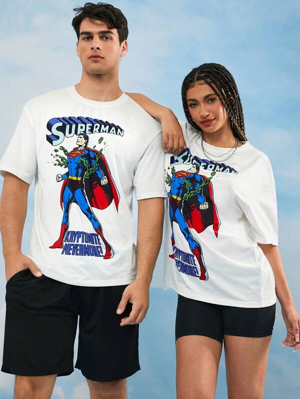 SUPERMAN X SHEIN Men's Letter & Superhero Graphic Round Neck Short Sleeve T-Shirt