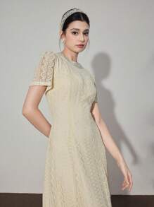 Modelyn Đầm midi cổ tròn tay bồng ren chữ A thanh lịch cho nữ - Màu be - Xem 5
