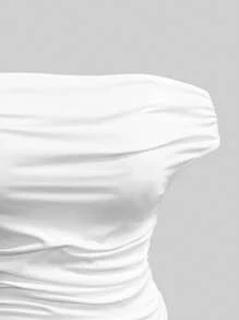 Rina Fox Plus Size Women's Summer Solid Color Ruched Off-Shoulder Slim White Crop Top