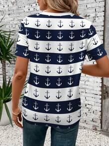 SHEIN LUNE 女式海军蓝船锚条纹圆领 T 恤，夏季休闲装