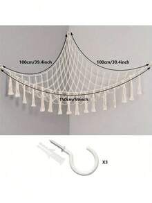 SHEIN 1PC Boho Stuffed Animal Toy Hammock Macrame Large Corner Mesh Toy Storage Hanging Wall Toys Organizer For Bedroom Decor, Cream(Without String Lights) 39.4" X 39.4" X 59" - White - View 2