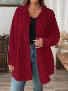 SHEIN LUNE 冬季服装纹理休闲大码纯色夏季长袖衬衫 - 紅色 - 查看 4