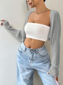 SHEIN EZwear Elegante suéter corto de mujer de punto acanalado gris con bajo asimétrico y mangas largas para un estiloso uso por capas, suéter de punto en otoño/invierno - Gris - Ver 4