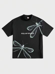 Forever 21 Men's Casual Style, Ultra-Loose Dropped Shoulder T-Shirt With Lettering And Butterfly Print - Black - View 4