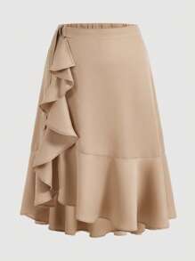 SHEIN Privé Falda A-line asimétrica con volantes en el bajo, talla grande, en color caqui - Caqui - Ver 1