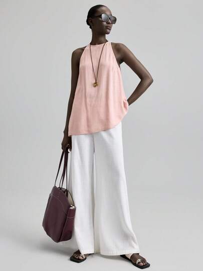 Ontre 2025年新款斜领无袖亚麻材质音乐节、音乐会、乡村音乐节度假风格女士休闲装，春夏不对称上衣女士亚麻度假装露背上衣