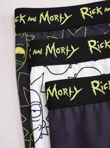 Rick and Morty X SHEIN 3pcs/Pack Men's Black & White Cartoon Character Rick Face Print Letter Tape Waist Contrast Stitch Boxer Briefs - Black - View 3