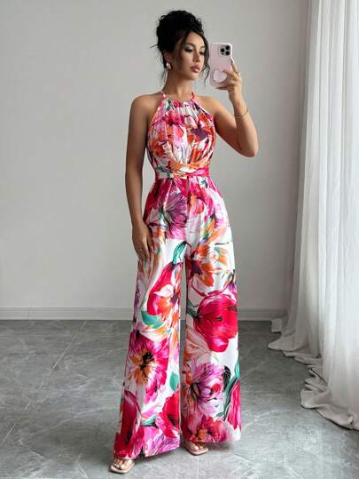 Elenzga Women's Elegant Spaghetti Strap Draped Tied Waist Sleeveless Floral Jumpsuit