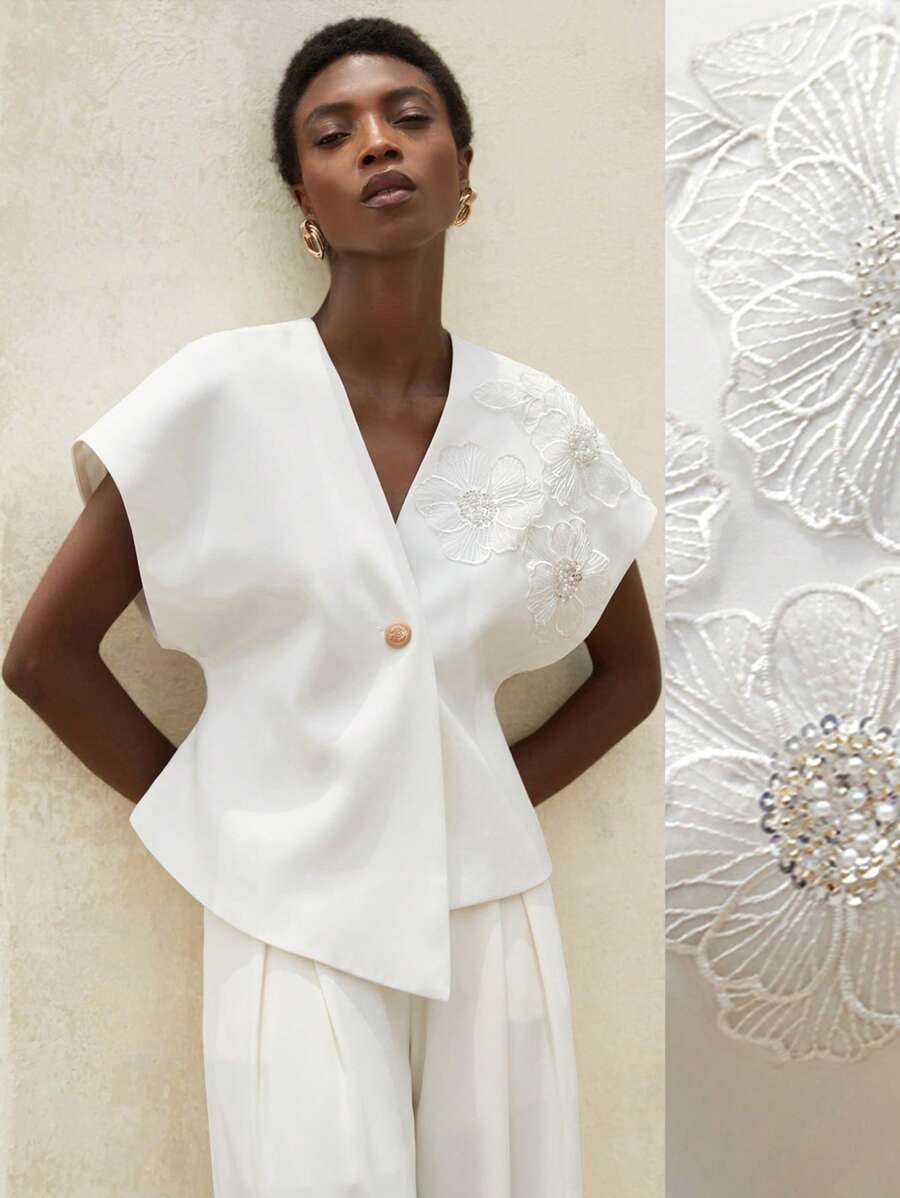 Aveloria Modichic Camisa blanca a medida y entallada con decoración de flores de lentejuelas 3D, elegante chaleco versátil de negocios casuales para mujeres - Blanco - Ver 1