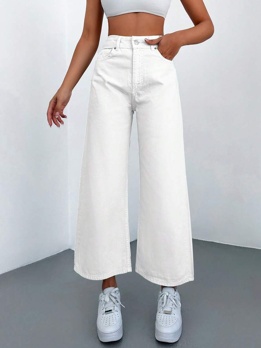 EURMUSE 100%Cotton High Waist Wide Leg Jeans - White - View 1
