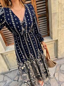 Breezaya Front Lace Up Long Sleeve Pleated All-Over Print Maxi Casual Dress For New Year Clothes Fall Cloth For Women - Navy Blue - View 4